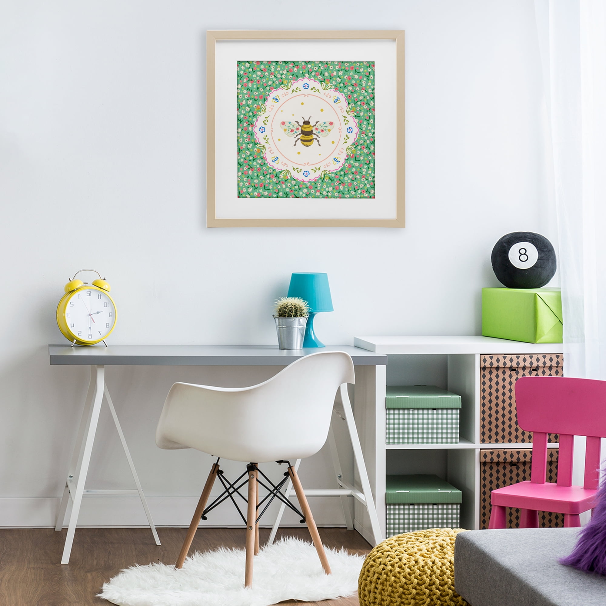 Spring Bee Delicate Florals Birch Framed Print Under Glass, design by Angela Steahling