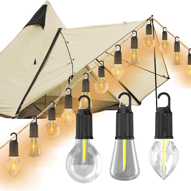 Lámpara de bombilla portátil recargable por USB • Batería de 400mAh • Duración 24 horas • IP68 impermeable • Carga rápida tipo C para camping en tienda al aire libre