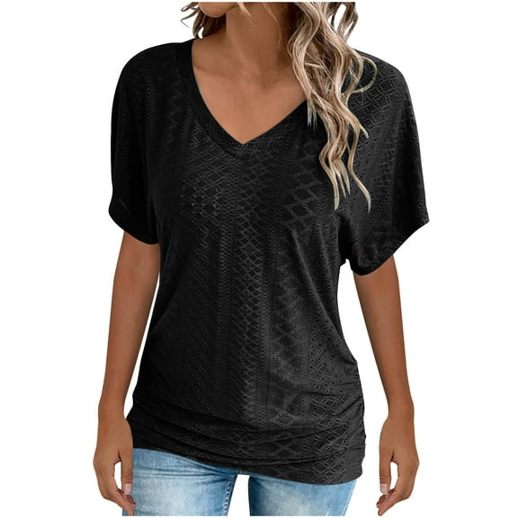 ShiShine Womens T Shirts V Neck Short Sleeve Casual Tops Loose Fit Basic Tees with Pleated Hem