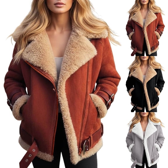 larppty Women's Faux Suede Sherpa-Lined Winter Jacket - Lapel Zip-Up Oversized Thick Fleece Outerwear（Grey，XXL）