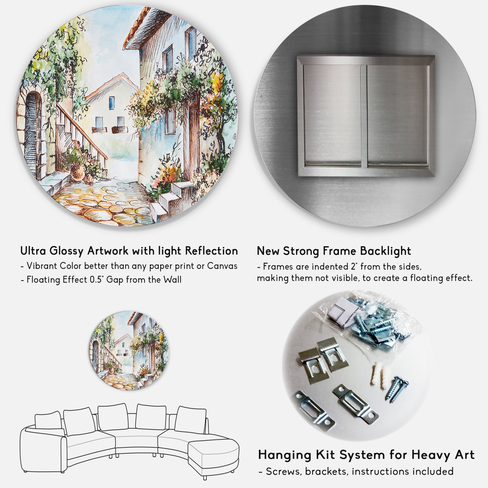 Designart 'Sunny Day At The Vintage City Cozy Street' Traditional Circle Metal Wall Art 36x36 - Disc of 36