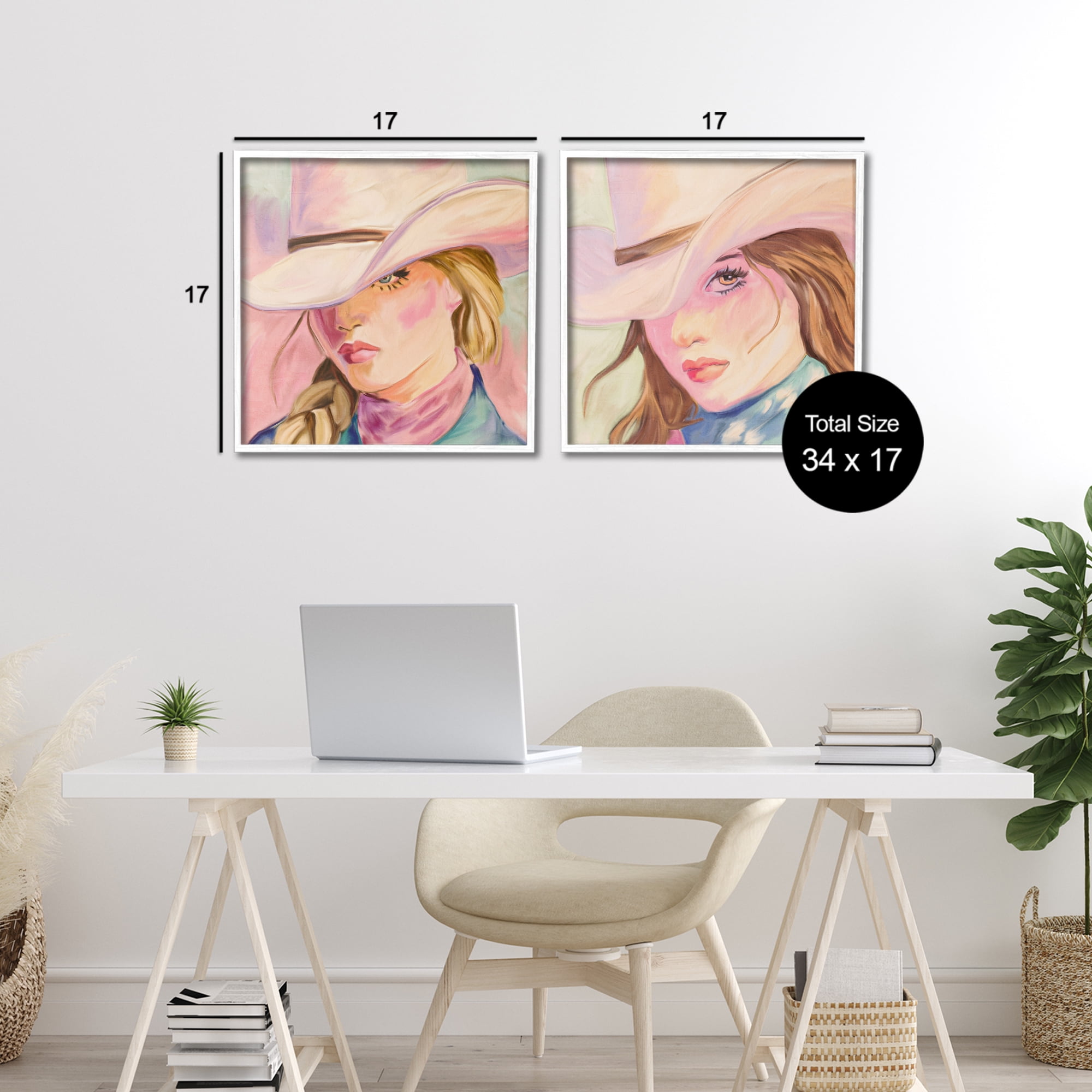 Pastel Cowgirls Gazing 2 Piece White Framed Giclee Art Set, design by Kim Allen