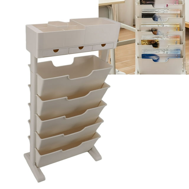 Movable Bookshelf Cart, 6 Tire Rolling Book Cart Office Paper Organizer Slim Utility Organizer White Plastic Mobile Unique Bookcase with Wheels for Classroom Office