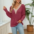thumbnail image 5 of BLVB Womens V Neck Lace Crochet Fall Long Sleeve Tee Shirts Knit Ribbed Tops Fashion Clothes Tunics Blouses Wine, 5 of 7