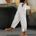 thumbnail image 2 of Ladies Pants Casual Linen Cropped Pants Elastic Waist Drawstring With Pockets Solid Color Buttons Woman Pants White XL, 2 of 4