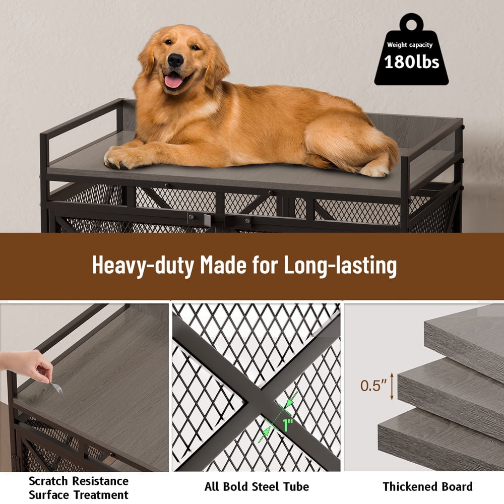 48 inch Dog Crate Furniture for Large Breeds (Up to 90 lb), Wooden & Steel, 360° Casters, Waterproof Top, Steel Lock,Textured Gray