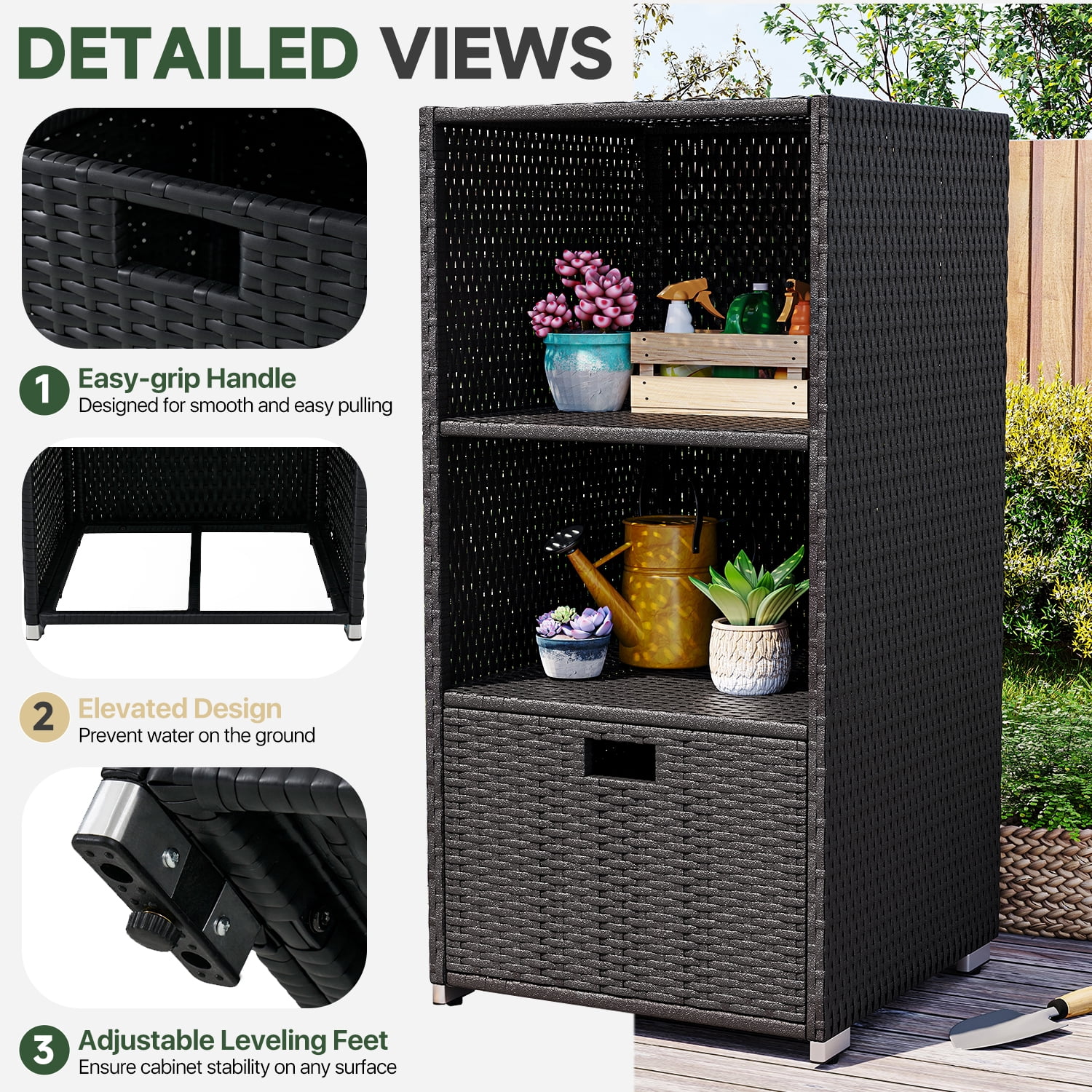 BaPiPro Outdoor Towel Rack for Pool, Rattan Wicker Storage Cabinet with Shelf & Drawer, Poolside Towels Valet, 47" Tall Black