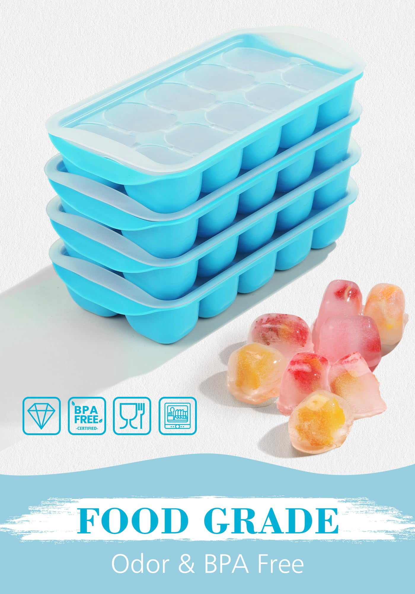 Ice Cube Tray With Lid And Bin - 4 Pack Bucket Kits  Stackable Silicone Trays For Freezer Easy Pop Out Bpa Free Cocktail Coffee Soup Food Rv Kitchen