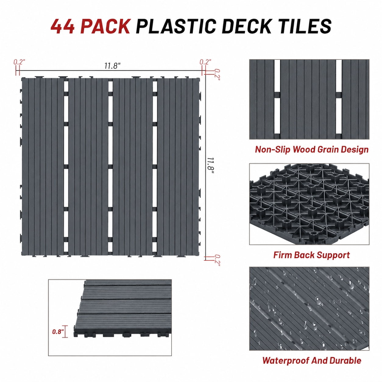 44 Pack Interlocking Deck Tiles Outdoor Patio Flooring Waterproof DIY Snap Plastic Floor Tiles for Balcony Backyard Pool