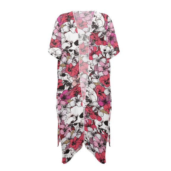 HELLHERO Floral Skull Bathing Suit Cover Up Polyester Long Free Size Long Kimono Swimsuit Cover Up for Women