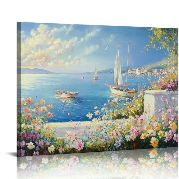 Patifu Blue Coastal Wall Art - Ocean Seascape Canvas Yellow Green Flowers Painting Landscape Sailboat Picture Artwork Modern Large  for Living Room Bedroom Home Office Decor  20x16in