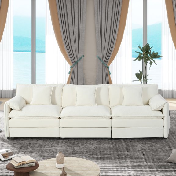 Oversized Deep Seat Sectional Sofa, Beige Chenille Cloud Couch, 3 Seater Modular with 3 Pillows, DIY Combination, for Living Room Bedroom Office Apartment