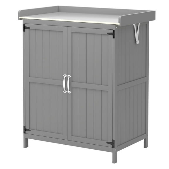 Outdoor Storage Cabinet Garden Tool Shed - Wooden Potting Bench with Metal Top & Shelf - Gray