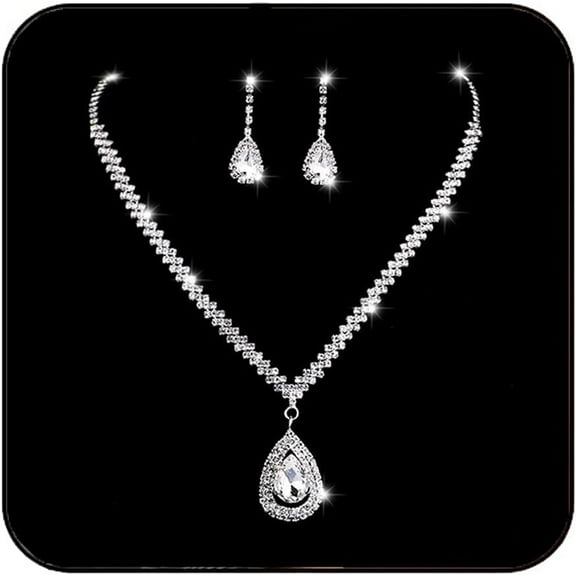 Bride Rhinestone Necklace Earrings Silver Sparkly Wedding Jewelry Set Crystal Bridal Wedding Necklaces Bling Prom Jewelry for Women(Set of 3-1 necklace and 2 earrings)