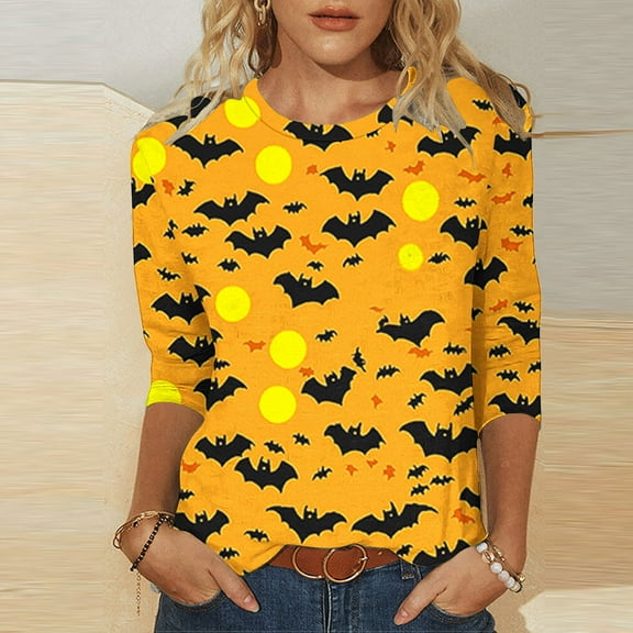 Ounisa Women Halloween Pumpkin Skull Bat T-Shirt 3/4 Sleeve Fashion Printed Crewneck Loose Pullover Thanksgiving Tops