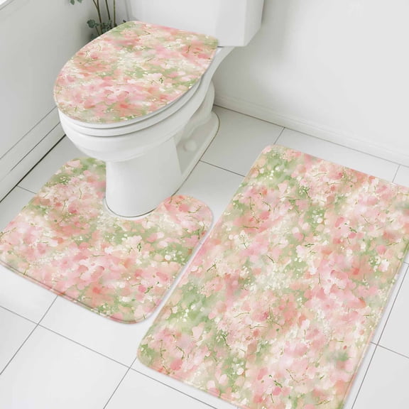 Spring Flower Bathroom Rugs Set Watercolor Vintage Gradient Pink Floral Green Plant Non Slip Absorbent Soft Bath Mats 3 Piece Set with Bathroom Rug, U-Shaped Floor Mat, Toilet Seat Cover Small Size