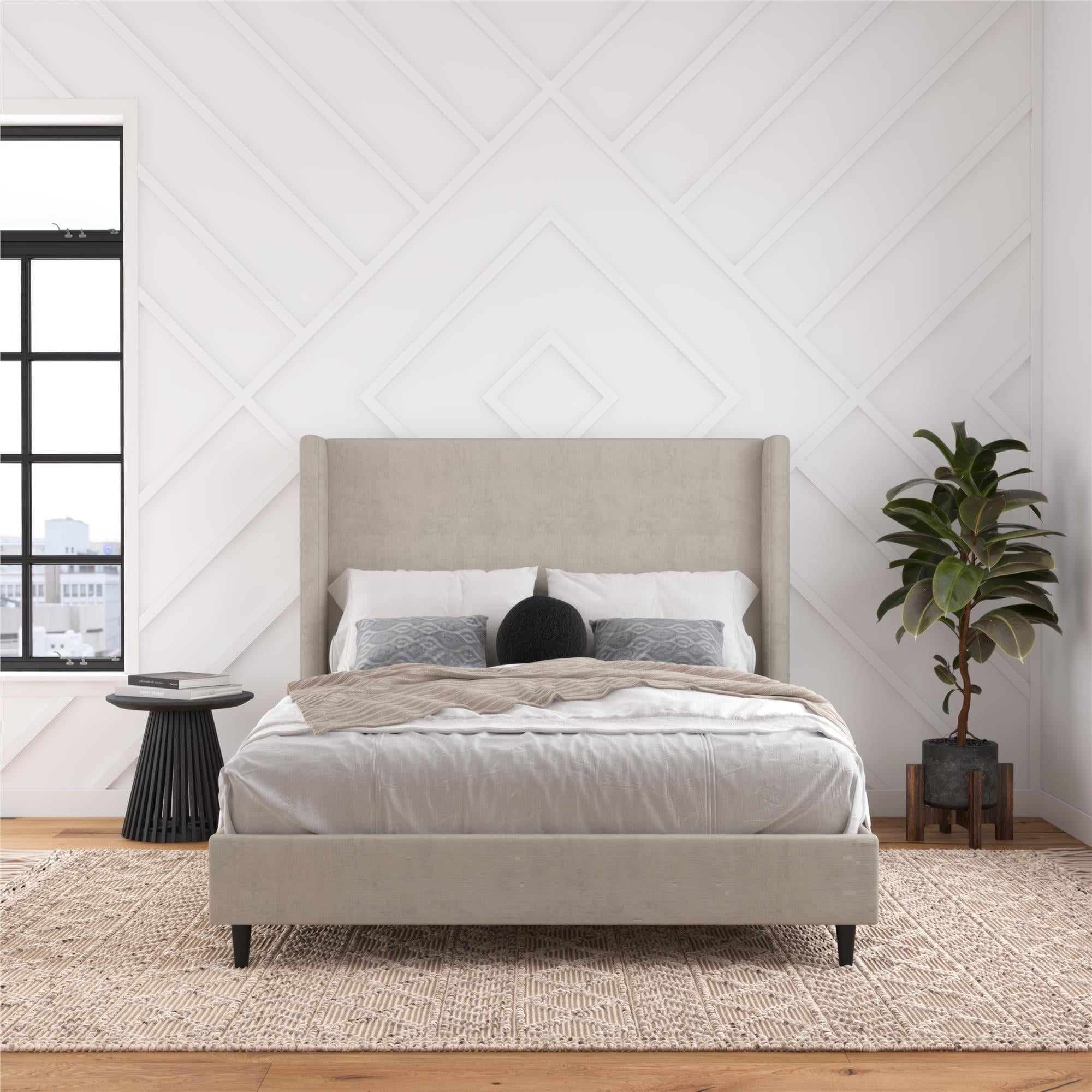 DHP Eveline Upholstered Platform Bed Frame with High Wingback Headboard, Queen, Soft Woven Light Gray