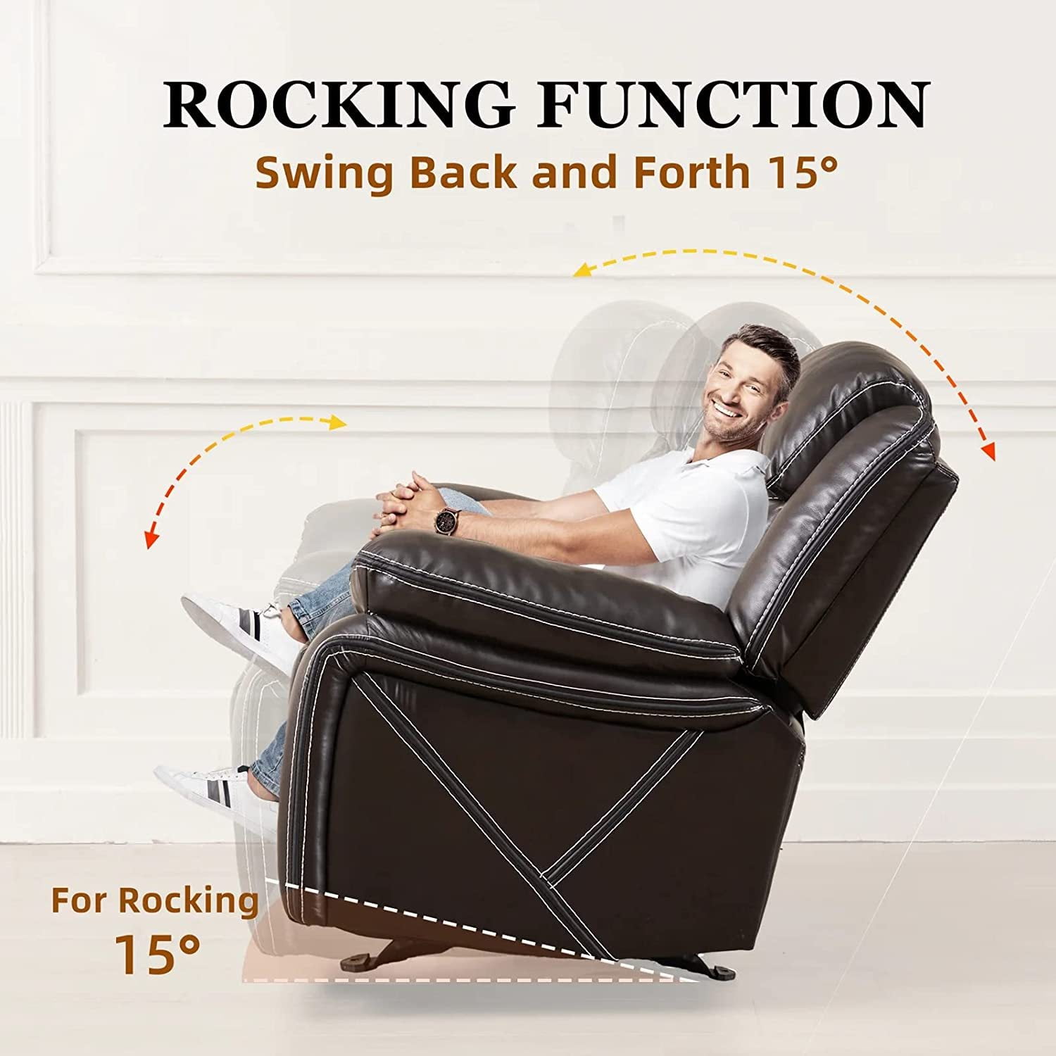 Dazone Recliner Chair with Breathable Bonded Leather, Classic Single Sofa Home Theater Seating Manual Rocker Recliner, Reclining Rocking Function for Living Room Bedroom Guest Room Study Room Brown