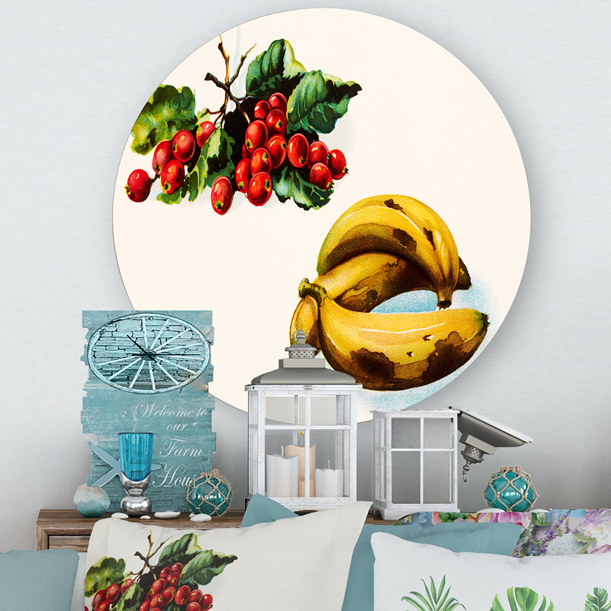 Designart 'Red Berries and Banana' Farmhouse Circle Metal Wall Art 11x11 - Disc of 11