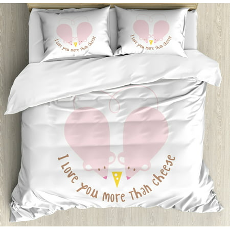 I Love You More Queen Size Duvet Cover Set, Pink Rats with Tangled Tails Forming a Heart Sweet Valentines, Decorative 3 Piece Bedding Set with 2 Pillow Shams, Pale Pink Cocoa Yellow, by