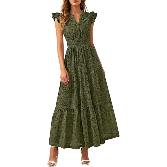 PRETTYGARDEN Womens Boho Maxi Dresses Summer Floral Lace Eyelet V Neck Spring Wedding Guest Dress Beach Vacation Clothes