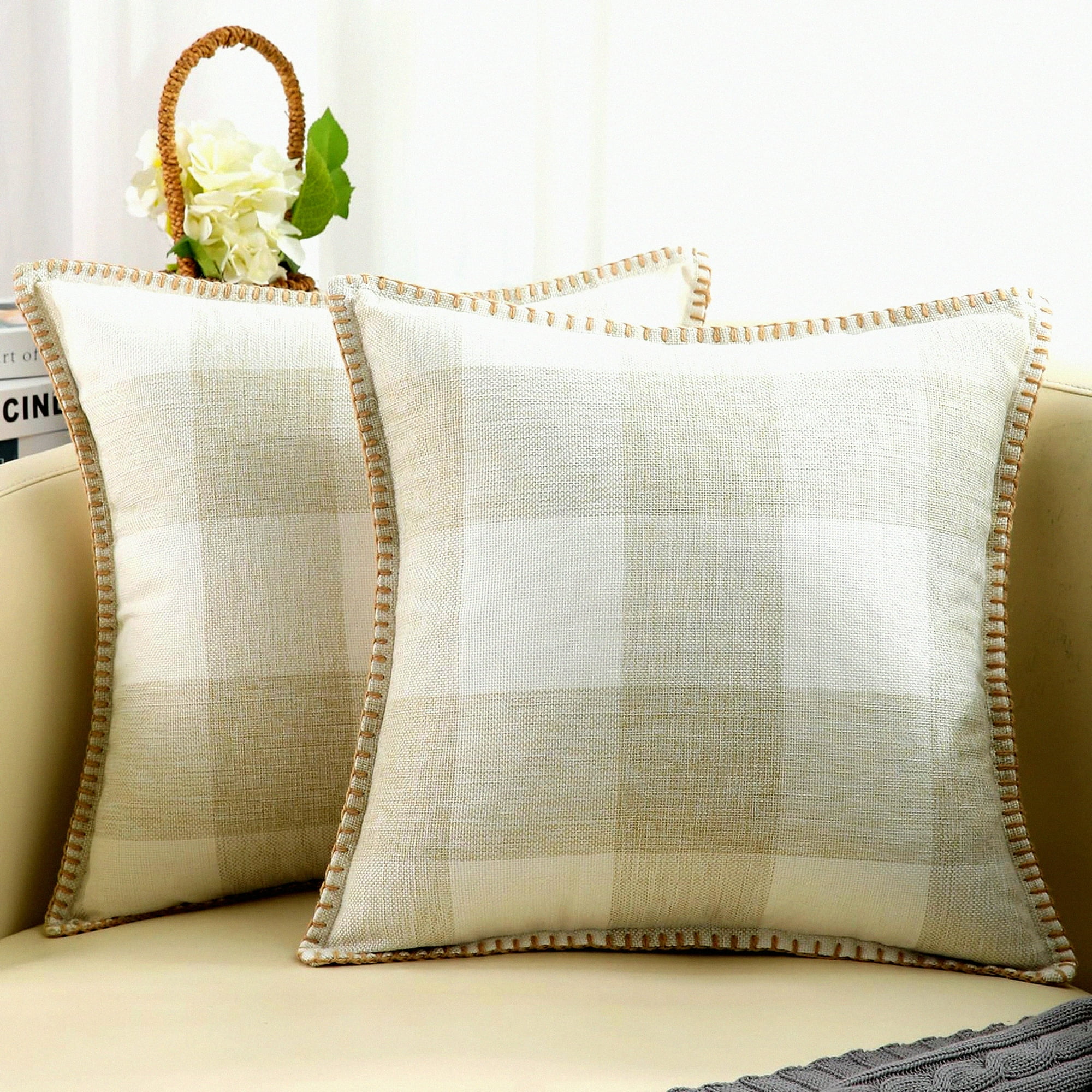 Buffalo Plaid Farmhouse Decorative Pillow Covers Set of 2 24x24 Outdoor Throw Pillow Covers for Bed Couch Sofa Cream White Beige Stitched Edge Walmart