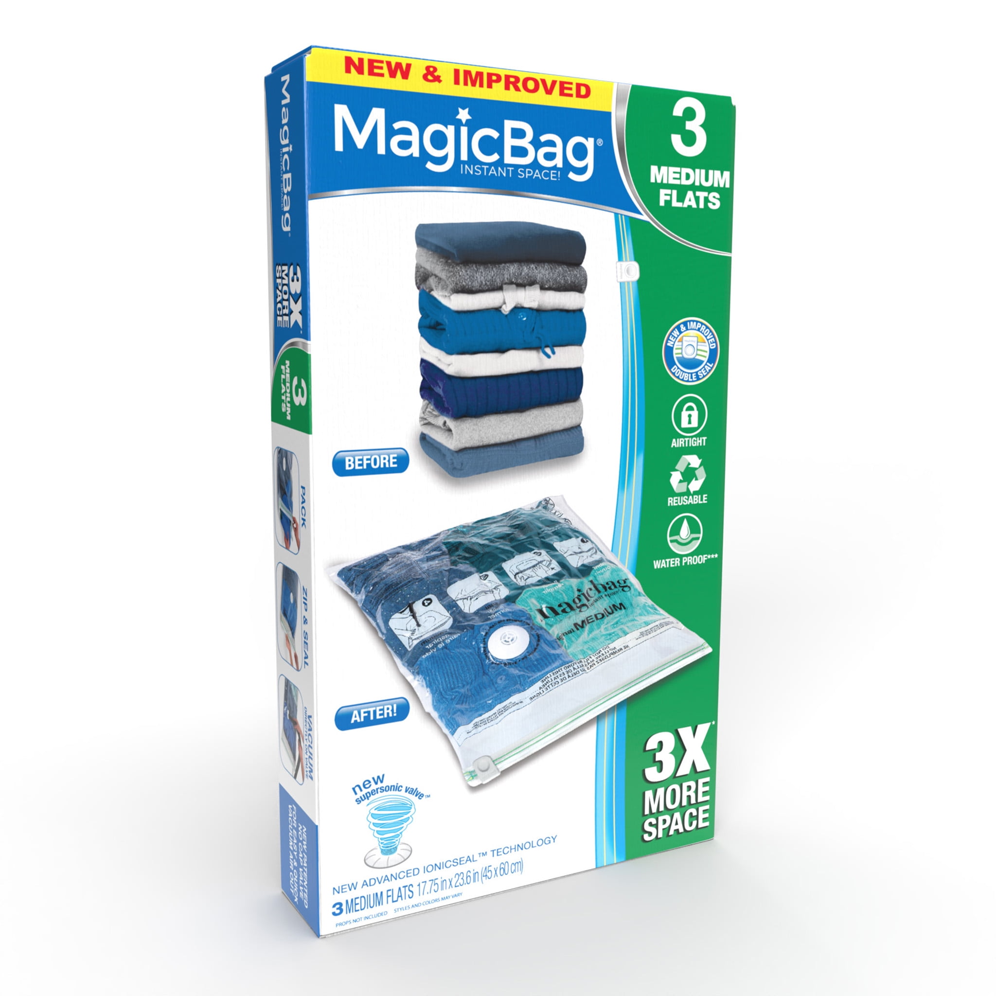 (4 pack) MagicBag Space Saver bag, Vacuum Storage Bag, Flat, Medium, Clear