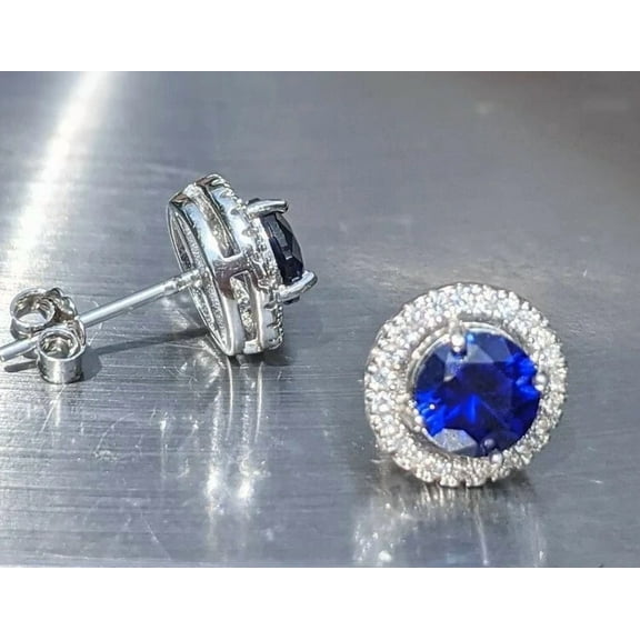 2CT Blue Sapphire and Diamond Halo Stud Earrings in Sterling Silver