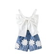 thumbnail image 2 of Girls 2 Piece Summer Outfit Big Bow Front Top & Lace Flower Applique Denim Shorts Cute Casual Clothes for Kids White Size 2-3 Years, 2 of 6