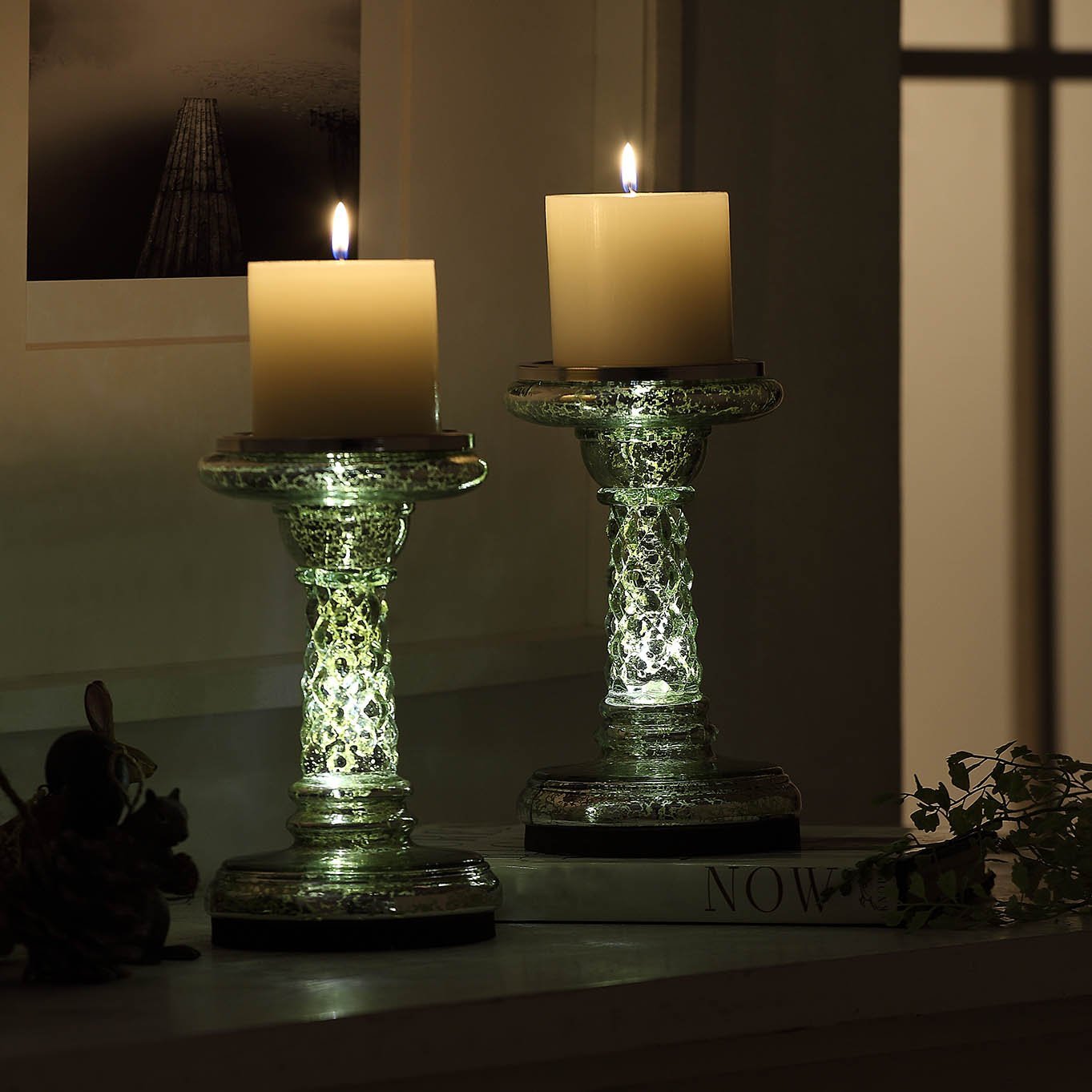 7.8” Illuminated LED Candle Holders with Timer Mode, Set of 2 Mercury Glass Pillar Candle Holder 