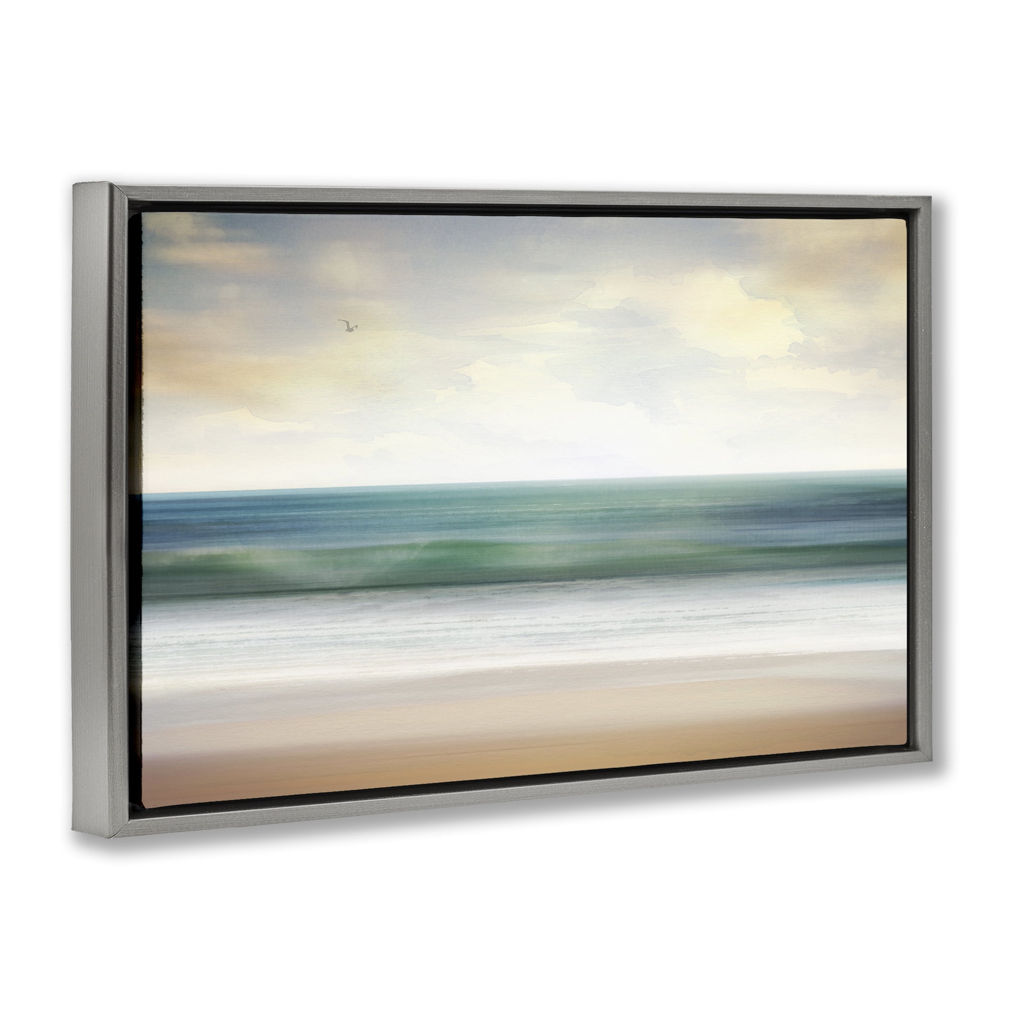 Stupell Industries Lone Seagull Over Beach Landscape Painting Gray Floater Framed Canvas Art Print Wall Art, 25 x 17