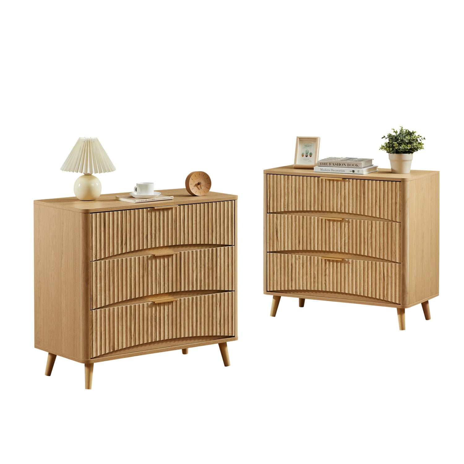 Hommoo Modern Fluted 3-Drawer Dresser, Tall Wood Chest with Silent Metal Glides, Rounded Edges & Reinforced Base for Bedroom or Living Room, Natural