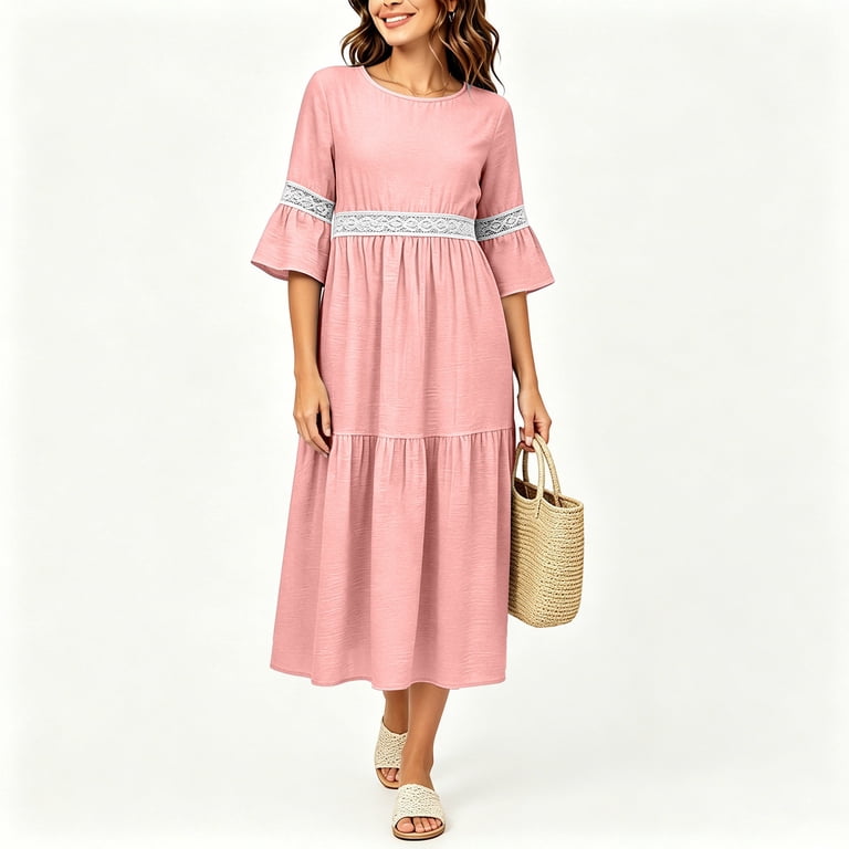 ChaoHeng Maxi Dresses for Women Maxi Dresses for Women Crew Neck Lace Patch 3/4 Flare Sleeve Tiered Loose Solid Casual Dress Pink M