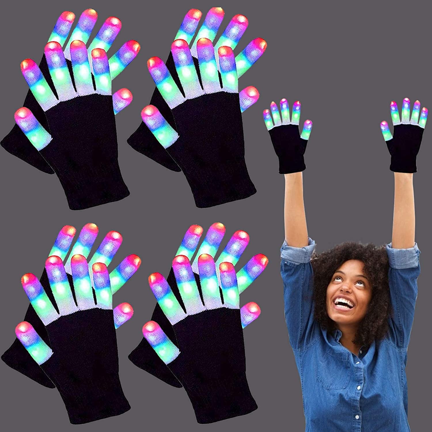 4 Pairs LED Gloves with Flashing Modes Light Up Gloves LED Finger Light Flashing Gloves for Kids Teens Boys Girls Cool Fun Toys Gift for Birthday Easter Party Carnival Games Prizes
