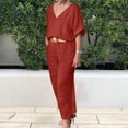 thumbnail image 3 of Ensemble 2 Pcs pour Femmes Ensemble Assorti Vêtements Femme Col Rond Manches Courtes Hauts Pantalons Ensembles Style Long P_732 Survêtements Femme Rouge m, 3 of 6