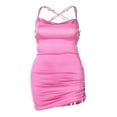 thumbnail image 1 of Women Boat Neck Sling Dress Lady Solid Color Sleeveless Backless Back Bandage Short Skirt Tan M, 1 of 5