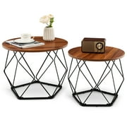 Costway Round Coffee Table Set of 2 Modern Accent Side Table w/ Steel Base Rustic Brown