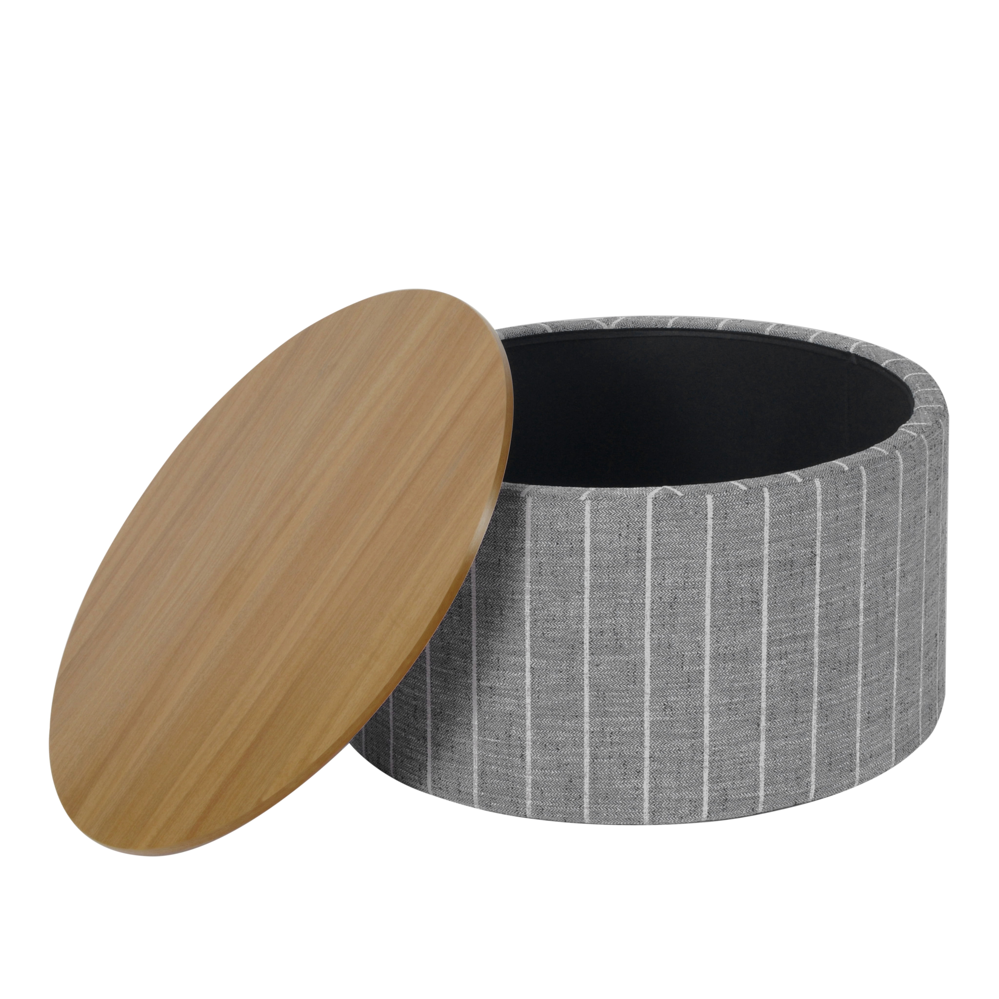 HomePop Large Modern Round Storage Ottoman with Wood Lift-Top Lid, Gray Pinstripe/Honey Oak