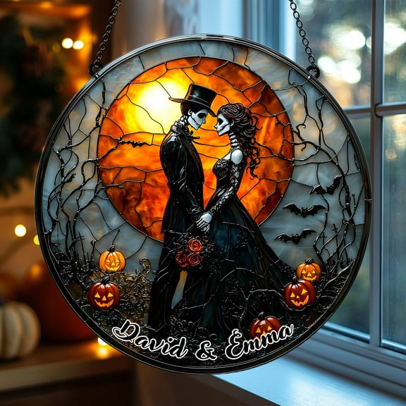 Personalized Skull Bride & Groom Acrylic Suncatcher, Gothic Wedding Faux Stained Glass Acrylic Window Hanging, Halloween Couple Gift