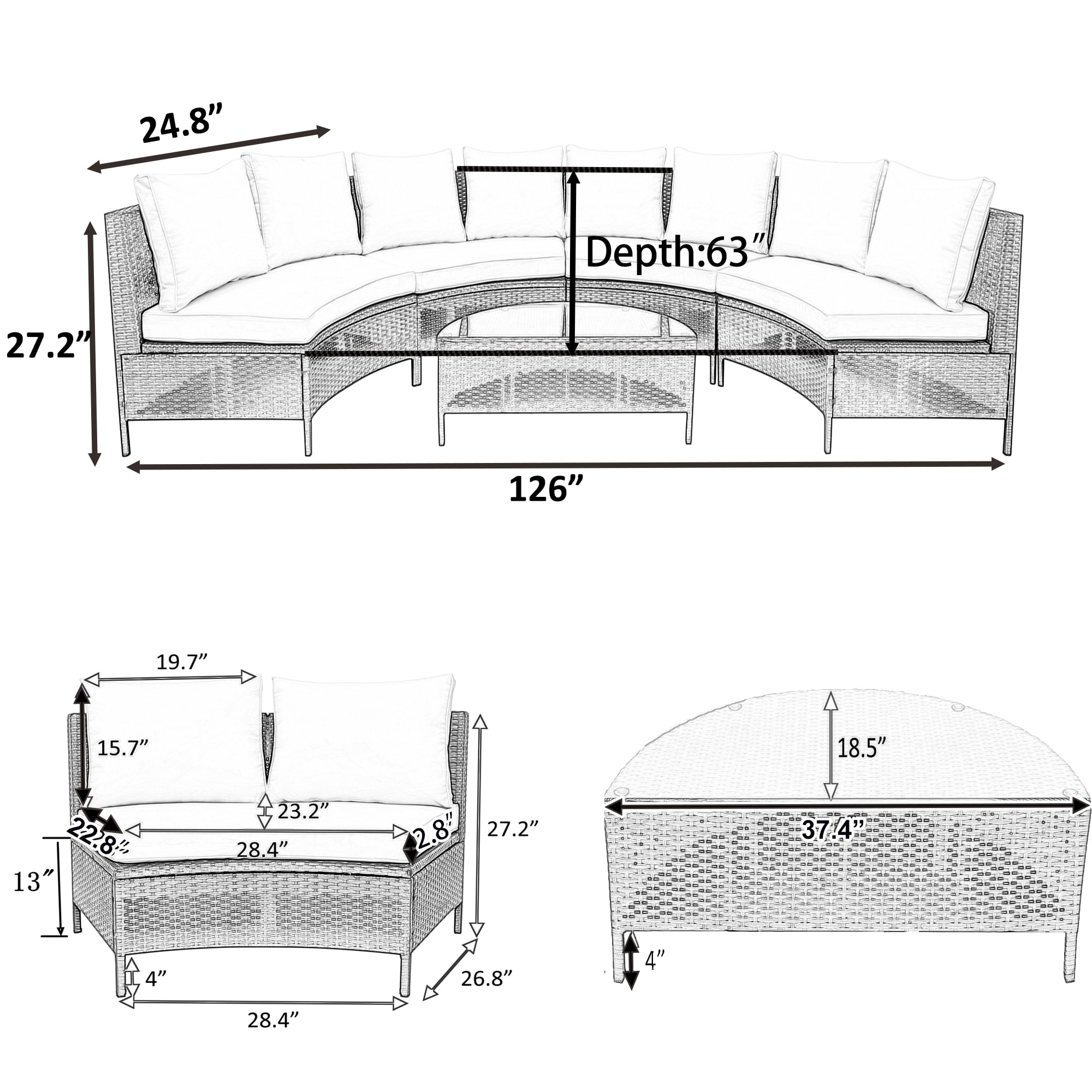 Harper & Bright Designs 5 Pieces Half Moon Outdoor Sectional Sofa Set, Patio All-Weather PE Wicker Furniture with Pillows, Cushions and Half-Moon Tempered Glass Table, Grey