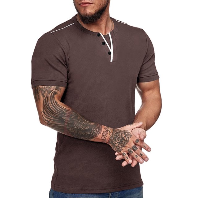 Mens T -Shirts Male Spring Summer Top Button Blouse Pure Color Short Sleeve Casual Mens Shirts Brown XXL