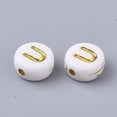 thumbnail image 2 of 500gs Plating Acrylic Beads Golden Metal Enlaced Horizontal Hole Flat Round with Alphabet White Letter.U 7x3.5mm Hole: 1.2mm about 3600pcs/500g, 2 of 2