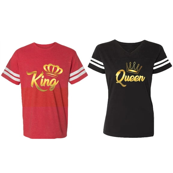 King Queen Gold Matching Couple Cotton Jerseys (Men Red / Women Black) (Men S / Women S)