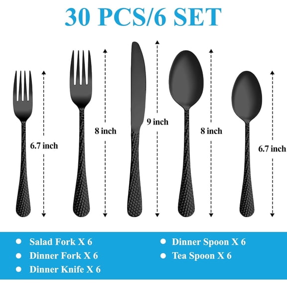 YUYAN-30 Pcs Black Hammered Silverware Set Service for 6,Stainless Steel Flatware Set,Mirror Polished Cutlery Utensil Set,Durable Kitchen Eating Tableware Set,Include Fork Knife Spoon Set,Dishwasher