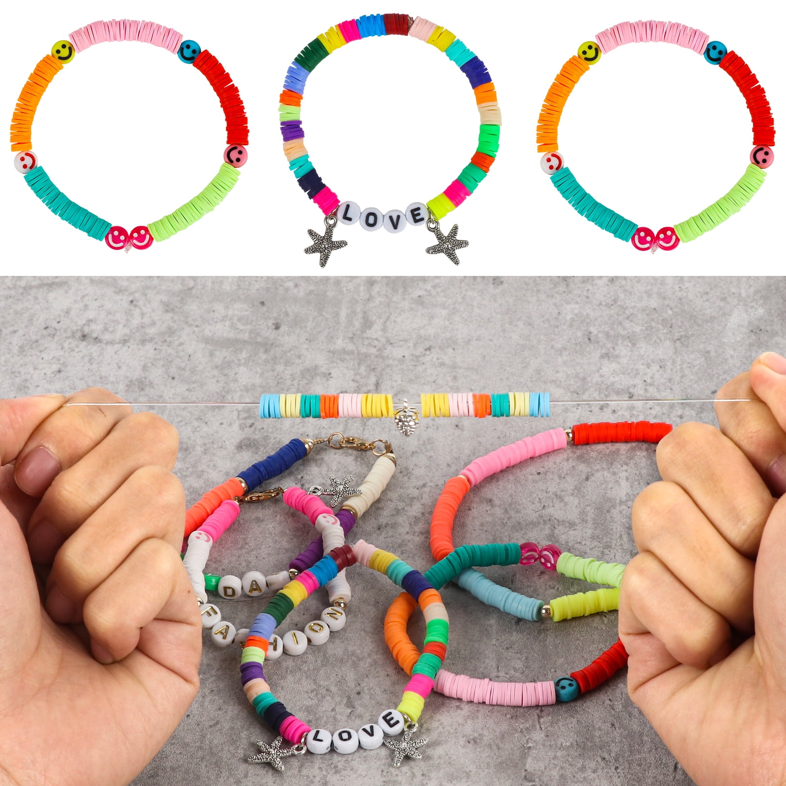 Amazing Time 12000 Pcs Clay Beads Bracelet Making Kit - 48 Color Polymer Clay Beads, 200 Pcs A-Z Letter Beads, Pendant, Jump