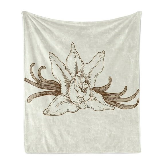 Vanilla Soft Flannel Fleece Throw Blanket, Vintage Nostalgic Drawing of Aromatic Exotic Flavor Flower Print, Cozy Plush for Indoor and Outdoor Use, 70" x 90", Ivory and Umber, by Ambesonne