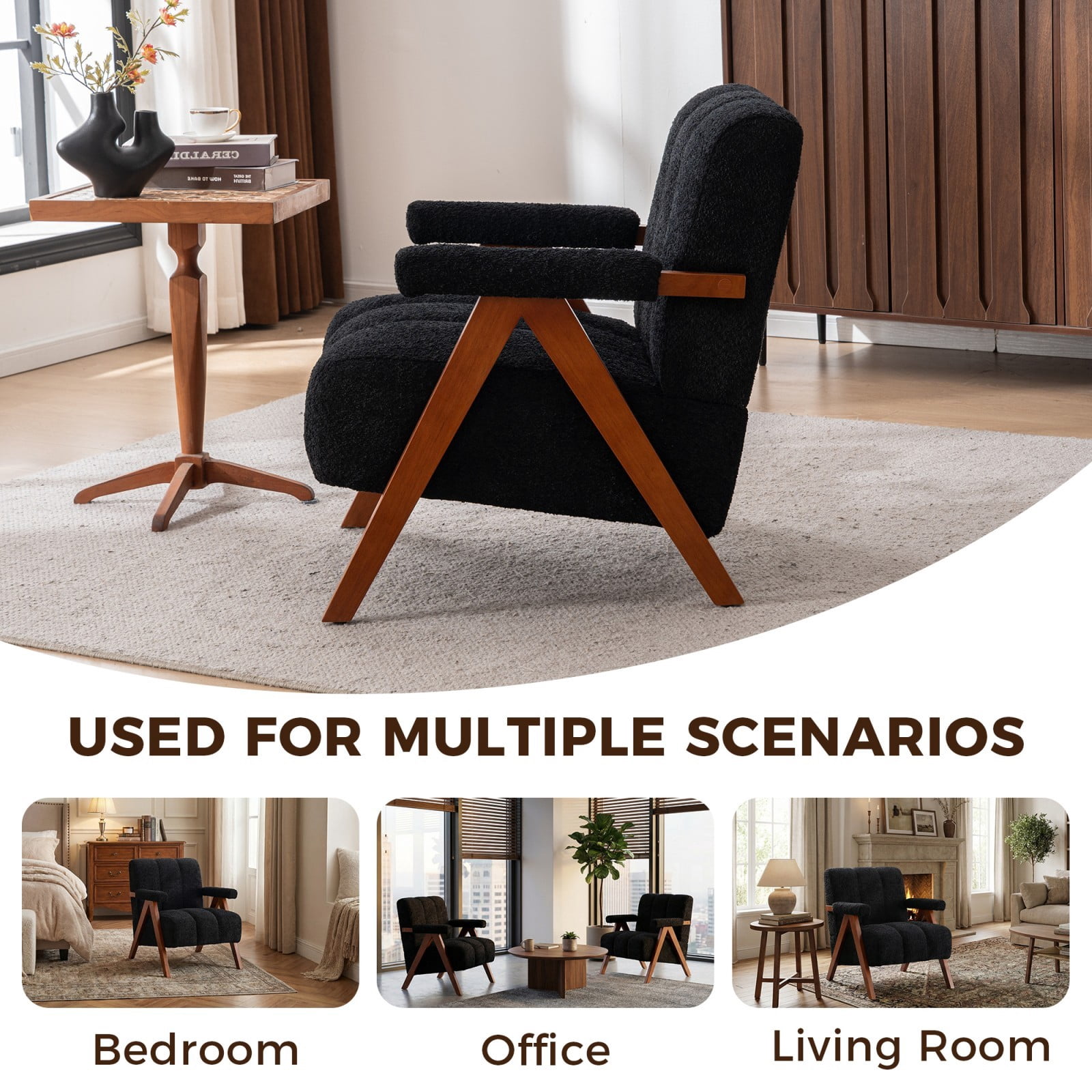 Mid-Century Modern Accent Chair Cloud-Shaped Chenille Lounge Armchair with Solid Oak Wood Frame, Upholstered Reading Chair for Living Room Bedroom Balcony, Black