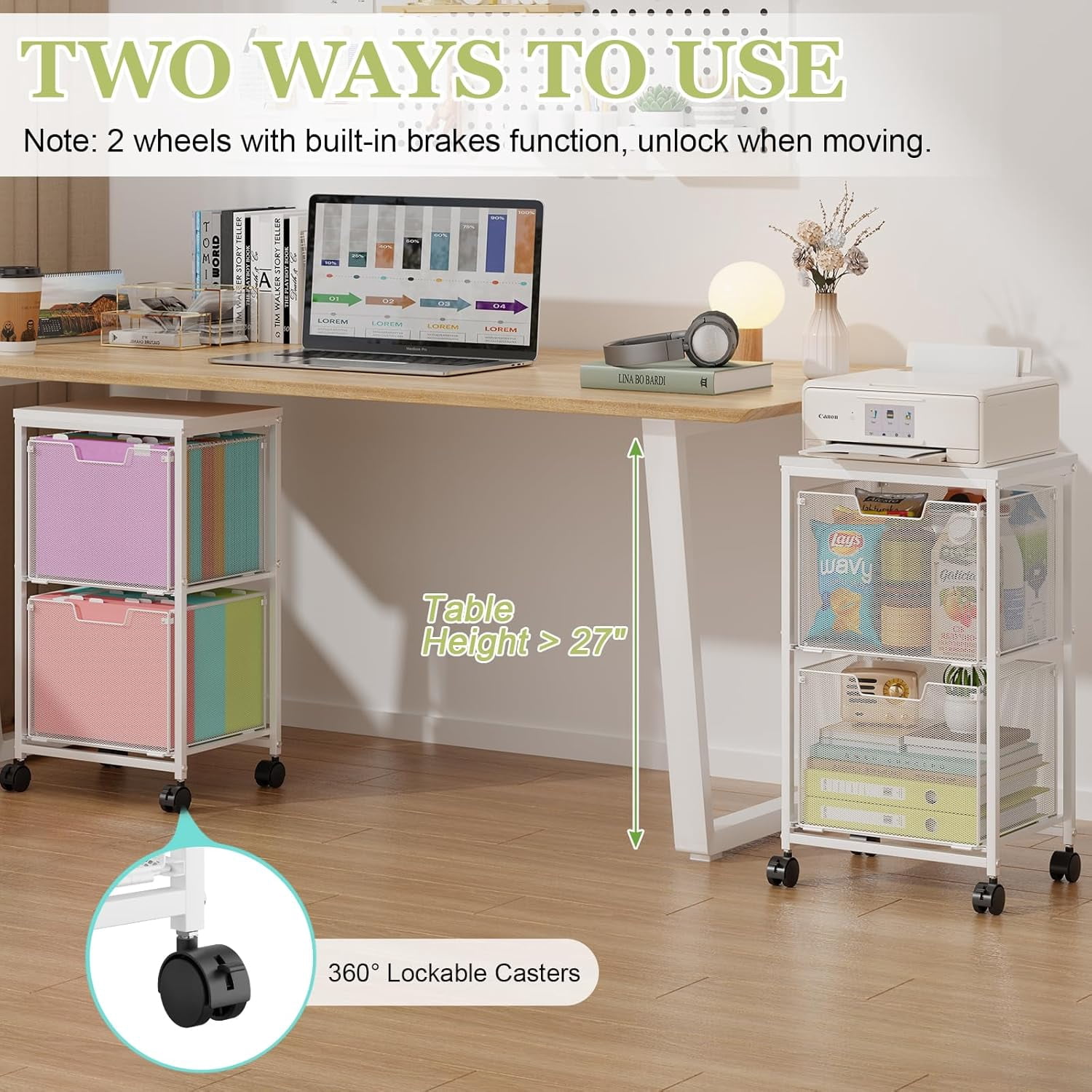 Rolling File Cart with 2 Storage Drawers,Under Desk Storage,Hanging File Folder Organizer with Wheels, Filing Cabinet Mobile Printer Stand Utility Craft Cart for Home Office,White