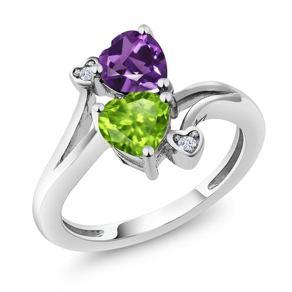Gem Stone King 10K White Gold Purple Amethyst and Green Peridot Ring for Women (1.51 Cttw, Heart Shape 6MM, Gemstone Birthstone, Size 8)