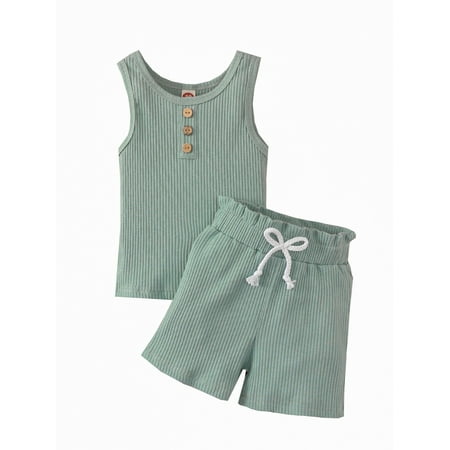 

Emmababy Infant Baby 2PCS Summer Outfits Sleeveless Button Front Rib Knit Tank Tops + Shorts Set